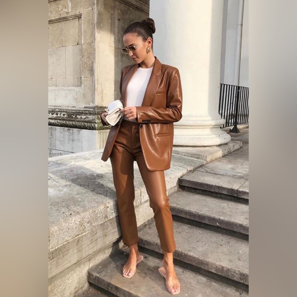 NWT Zara brown camel Faux leather blazer jacket